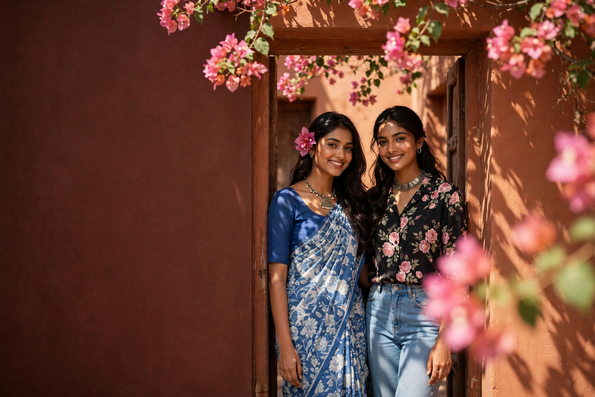 Two models wearing Lipiyana Creations pieces — a blue floral saree and a black floral shirt — in a sunlit doorway framed by bougainvillea