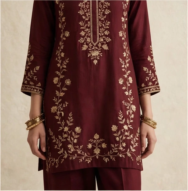 Deep maroon two-piece set with gold floral embroidery and matching pants, shown from below the neck with gold bangles
