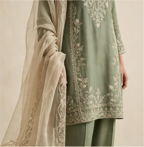 Sage green three-piece set with cream thread embroidery and a sheer flowing dupatta, shown from below the neck