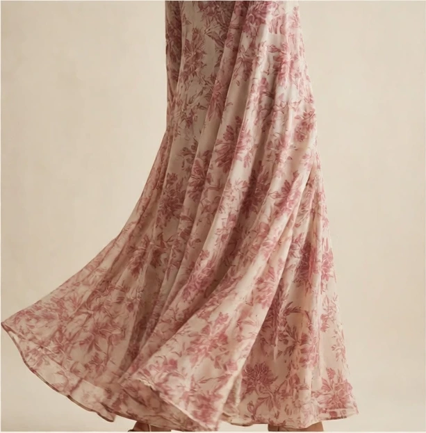 Long flowing kurti in dusty rose and cream with a pink floral print, fabric in gentle motion, shown without a face