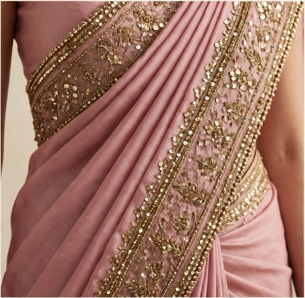 Dusty pink luxury saree drape with a wide gold karchupi embroidery and sequin border, shown in close detail without a face