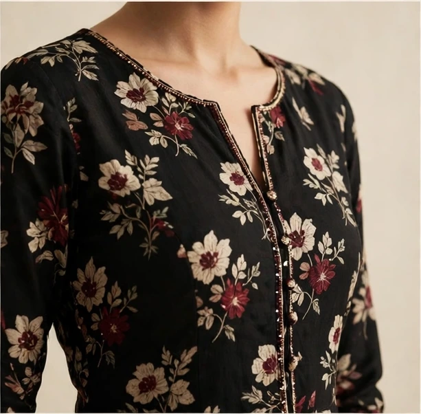 Black floral single top with cream and burgundy flowers and delicate gold trim, shown from below the neck