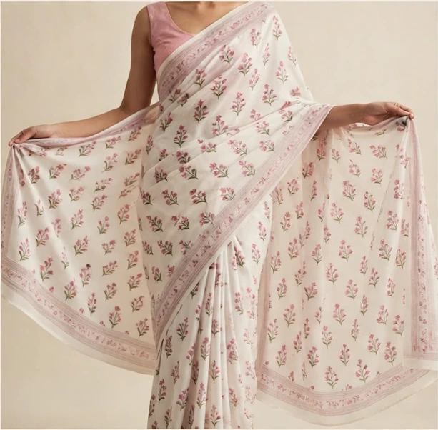 White saree with small pink floral sprigs and a soft pink blouse, pallu held wide to show the drape, shown from below the neck