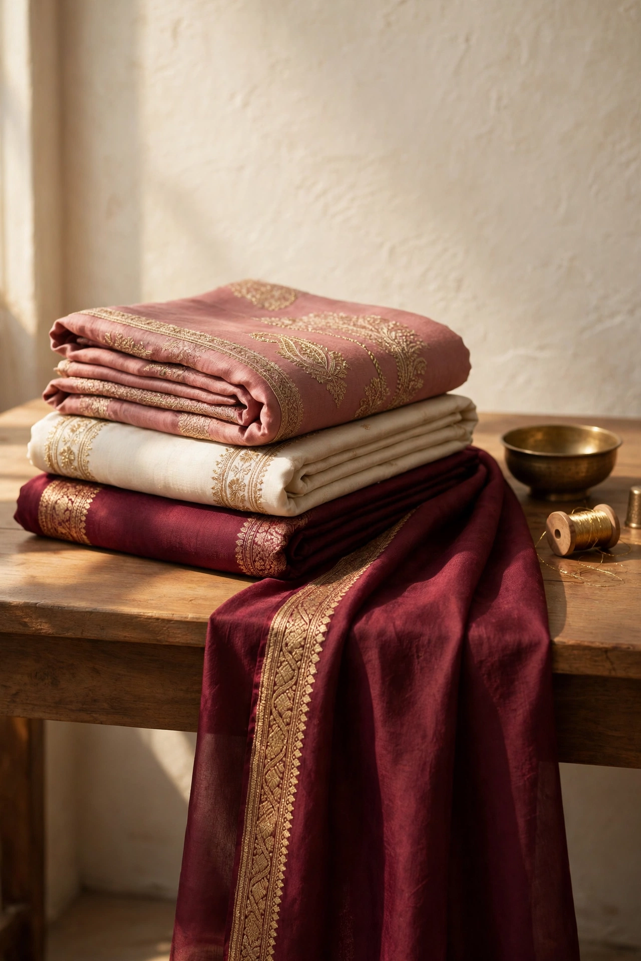 Folded luxury sarees in dusty rose, cream and deep maroon with gold embroidery on a wooden atelier table, a maroon drape with a gold border cascading over the edge
