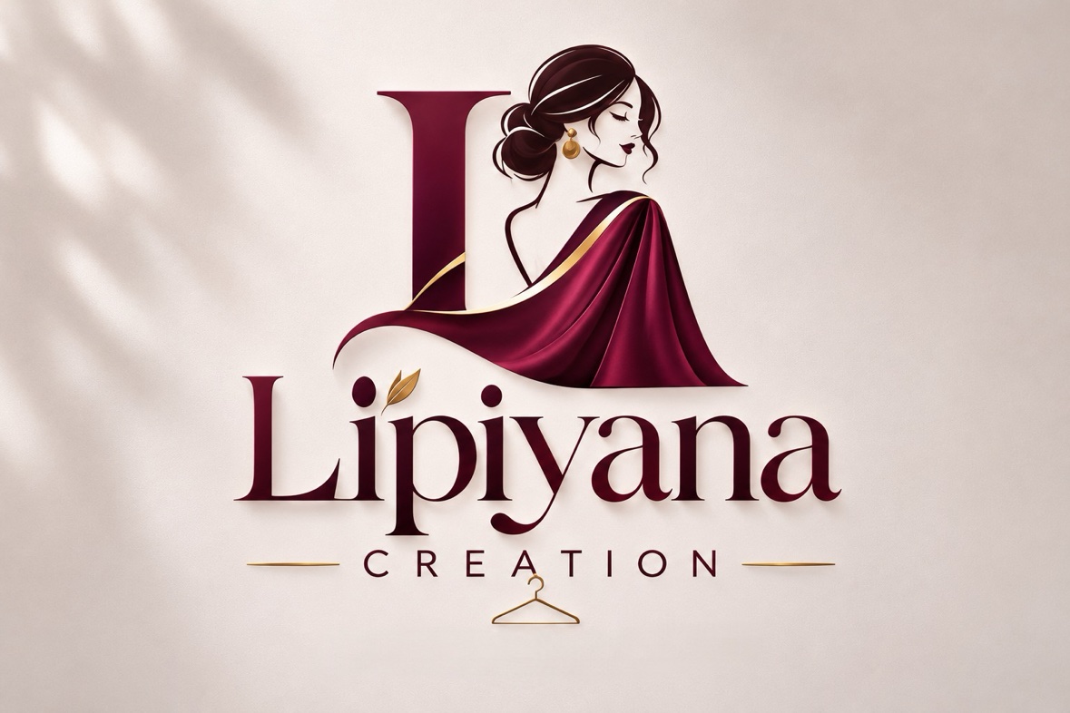 Lipiyana Creation logo — maroon L monogram with a woman in a maroon saree, gold accents and a small gold hanger